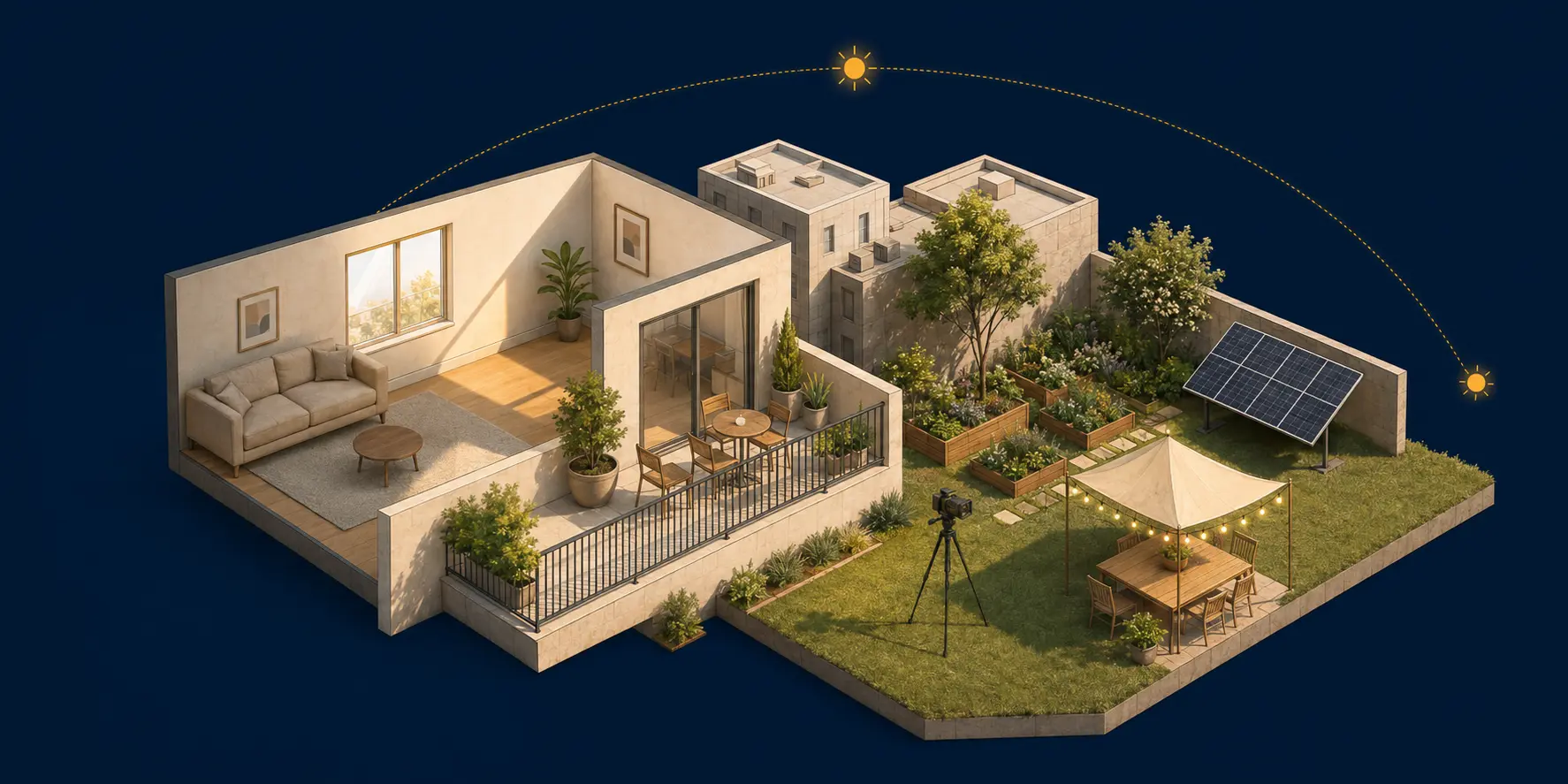 Cutaway home, balcony, garden, photography setup, outdoor event, and solar panel beneath a sun path
